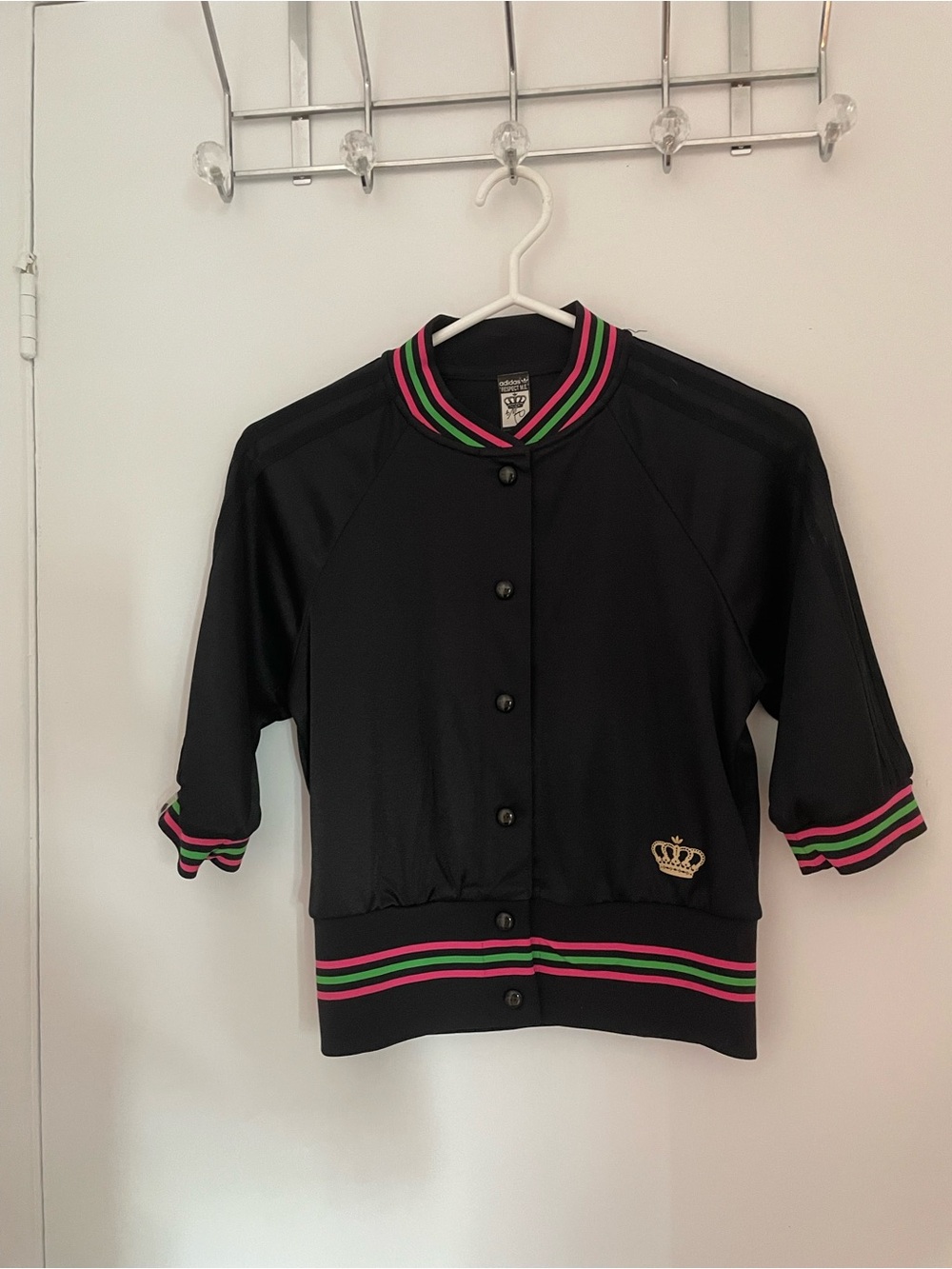 adidas Black Bomber Jacket with Pink & Green Trim